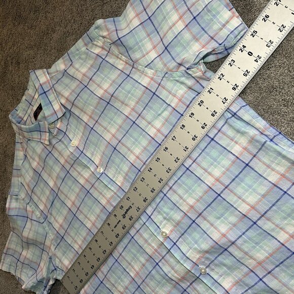 Untuckit 100% Linen Shirt Mens Large Blue Multi Plaid Stretch Lewis Short Sleeve - Picture 7 of 9